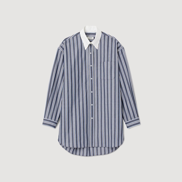 Sandro Tops - Sandro Navy and White Vertical Stripe Dress Shirt with Contrast Collar
